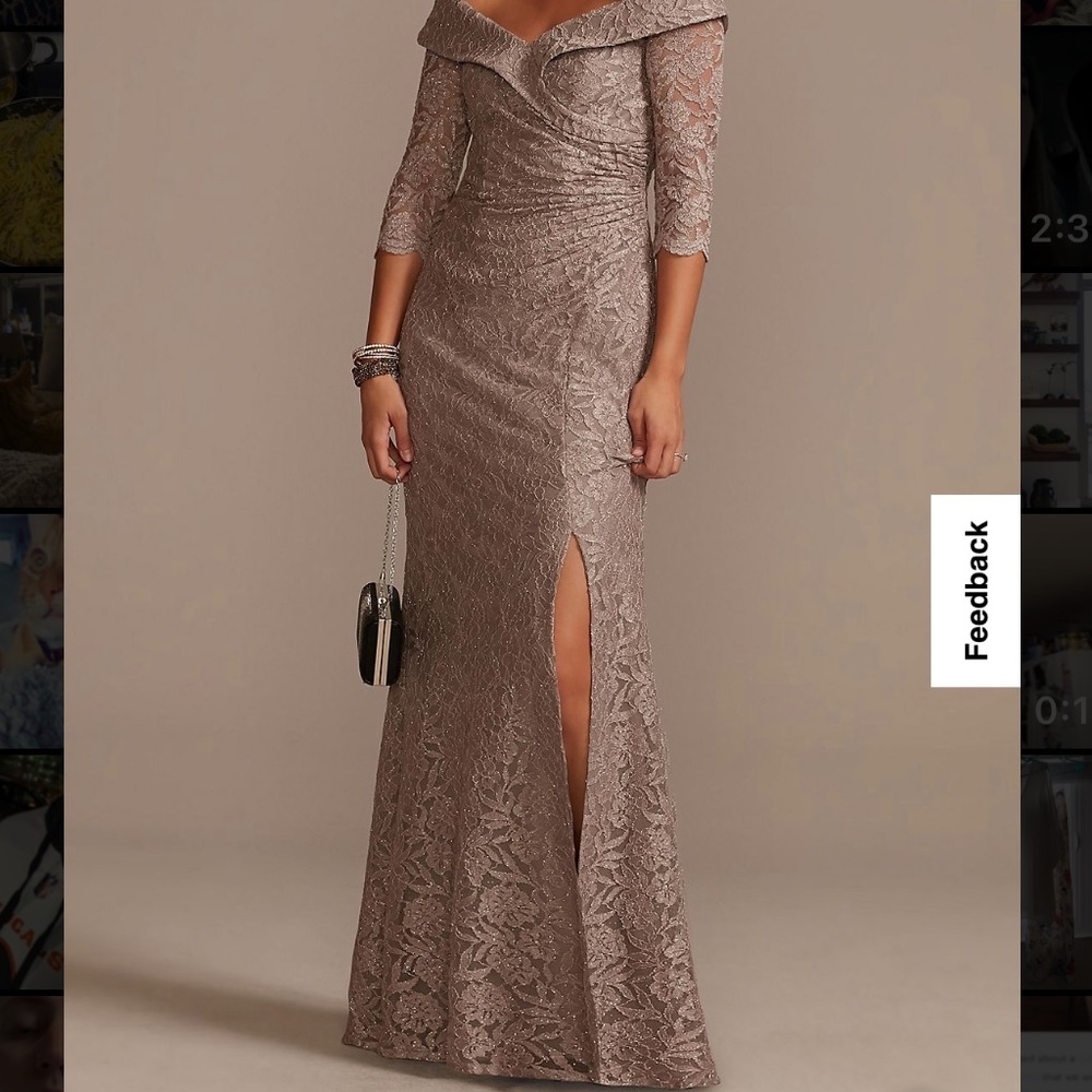David’s Bridal Off-the-Shoulder V-Neck Ruched Lace Gown